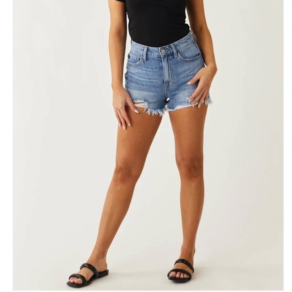 Kancan Medium Wash High Rise Distressed Hem Shorts - Picture 3 of 9